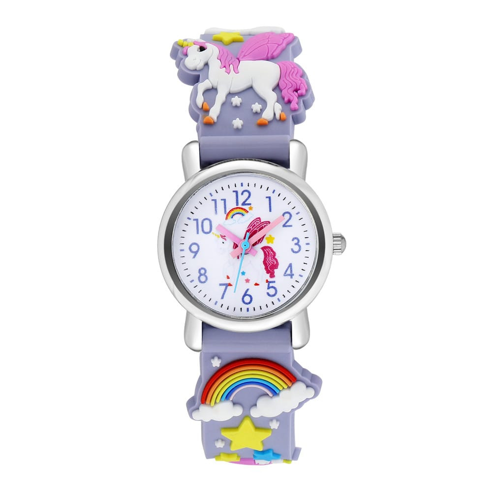 Girls Rainbow & Unicorn Decor Rubber Strap Round Dial Quartz Watch For Daily Life