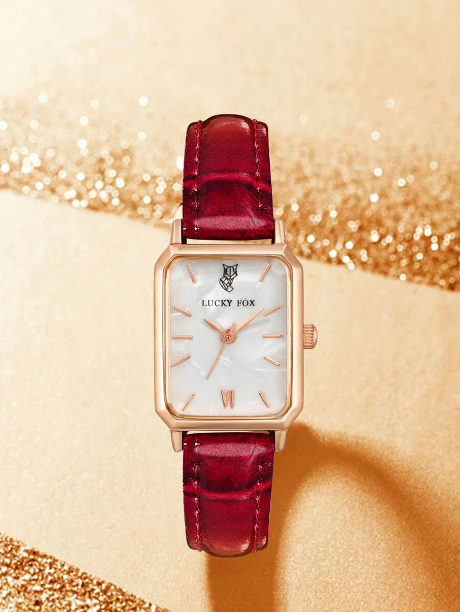 Women Red Crocodile Embossed PU Polyurethane Strap Casual Square Dial Quartz Watch, For Daily Life
